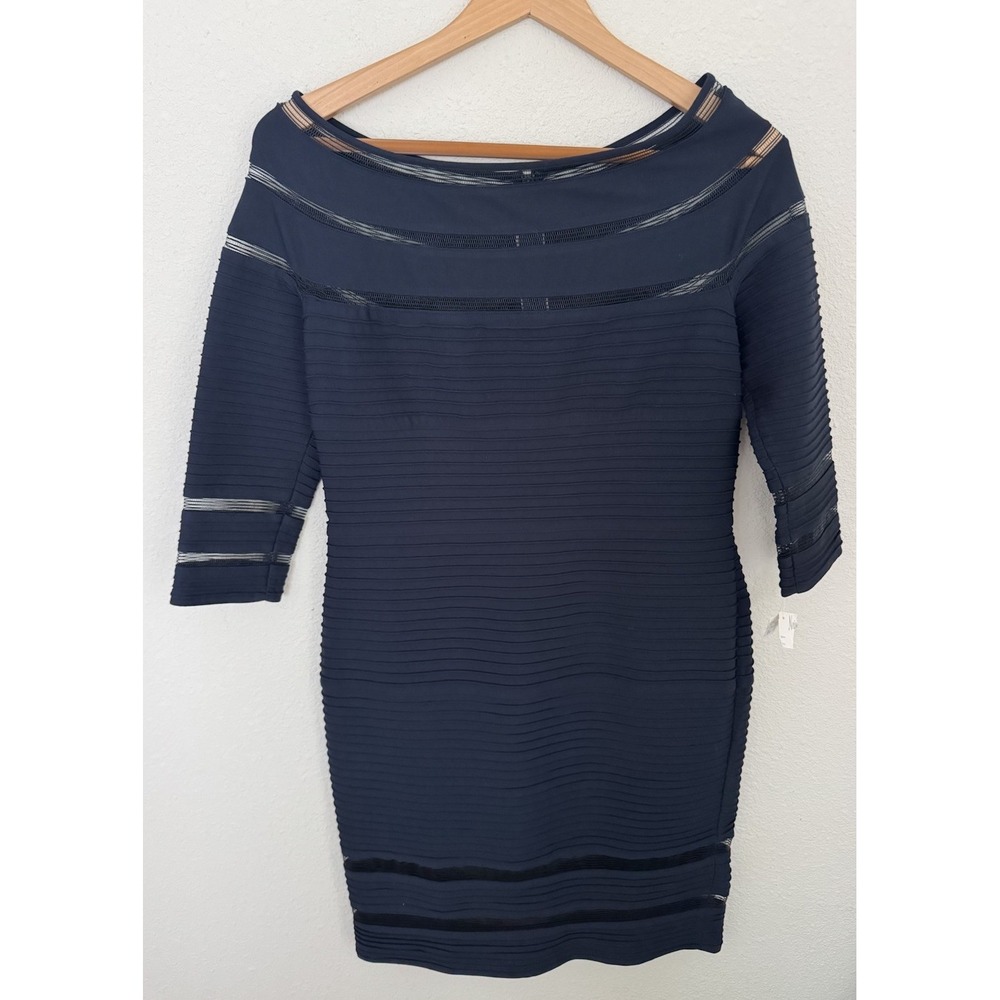 NWT Tadashi Shoji Navy Jersey Pintuck Sheer Mesh Stripe Sheath Dress Size M Luxe